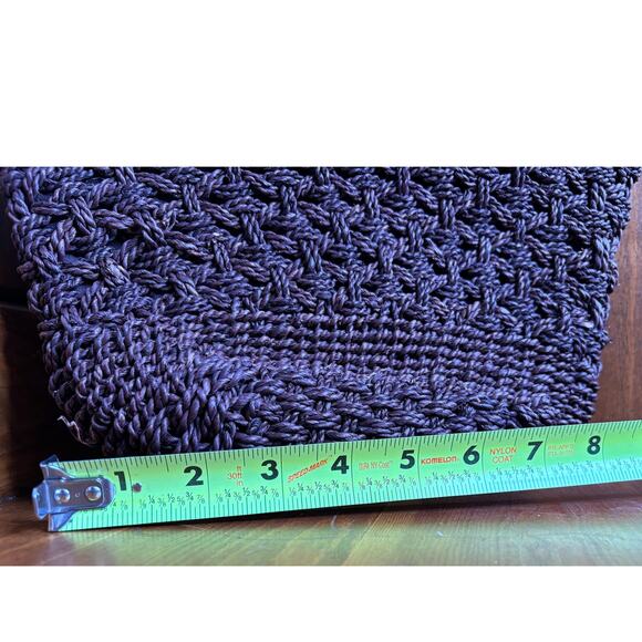 White Stag Straw Macrame Woven Handbag Dark Brown Wood Handles Boho 10" x 8" - Picture 12 of 12